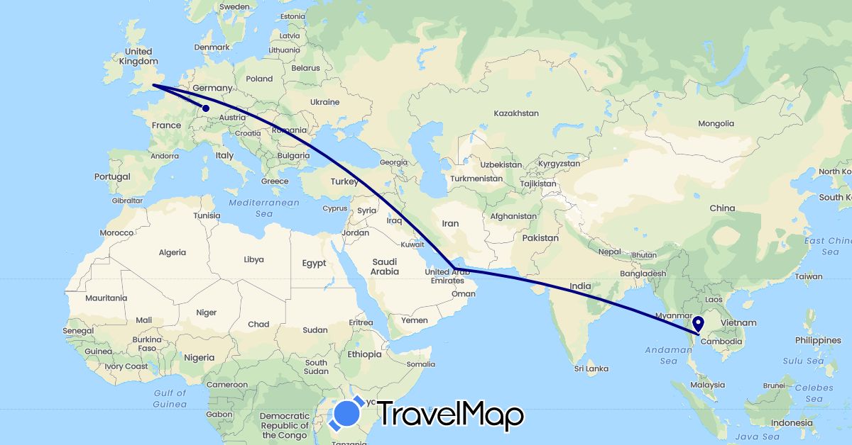 TravelMap itinerary: driving in United Arab Emirates, Germany, United Kingdom, Thailand (Asia, Europe)